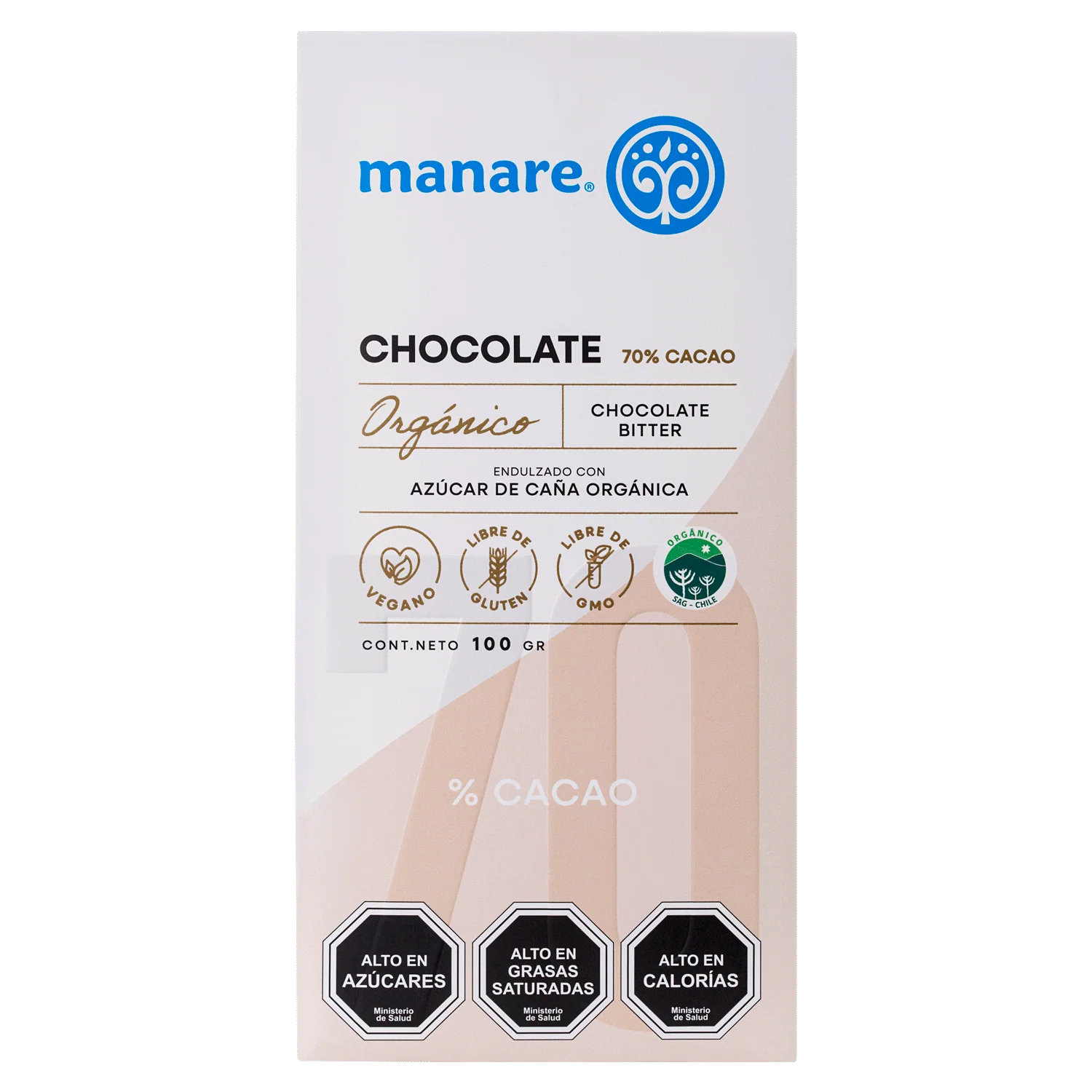 Chocolate Orgánico 70% Cacao 100gr Sin Gluten - Manare