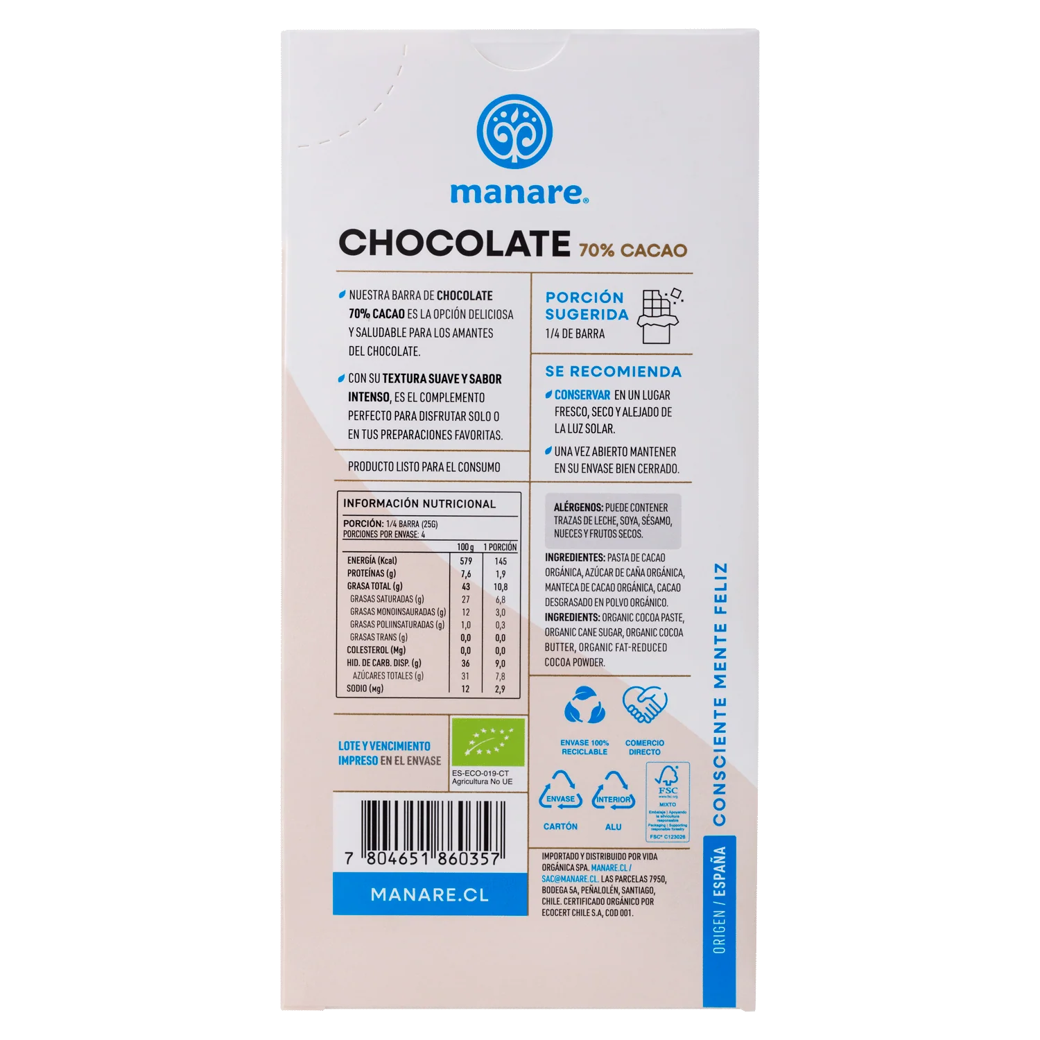 Chocolate Orgánico 70% Cacao 100gr Sin Gluten - Manare - Imagen 2